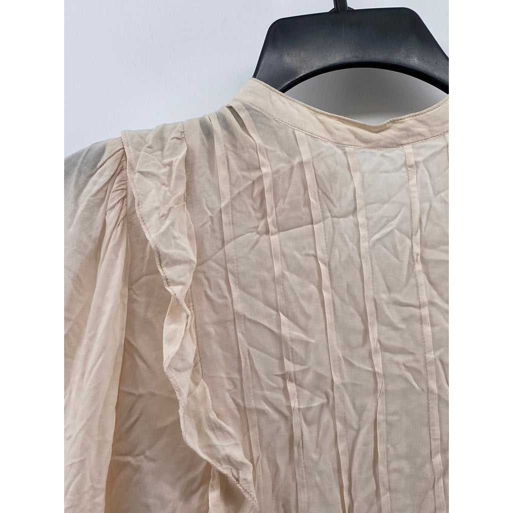SHUMAQ Women's Light Pink Collarless Ruffle Button-Up Long Sleeves Top SZ S