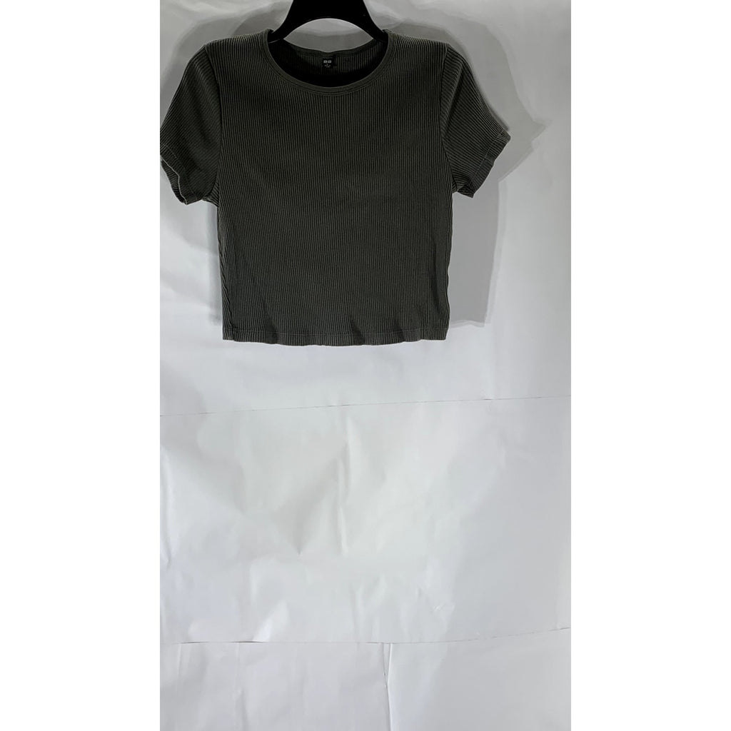 UNIQLO Women's Dark Gray Ribbed Crewneck Short Sleeve Cropped Top SZ L