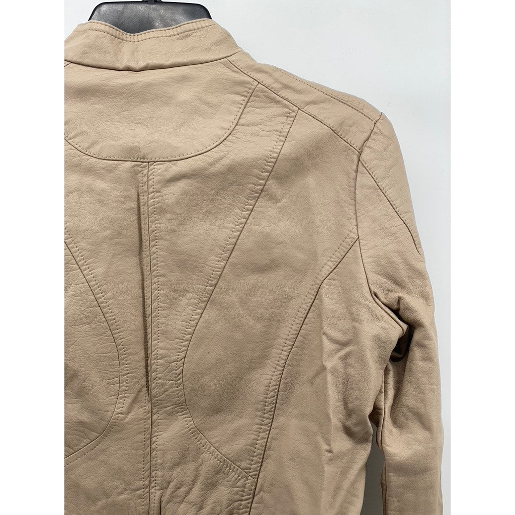 JOUJOU Women's Beige Faux-Leather Collarless Zip-Up Moto Jacket SZ M