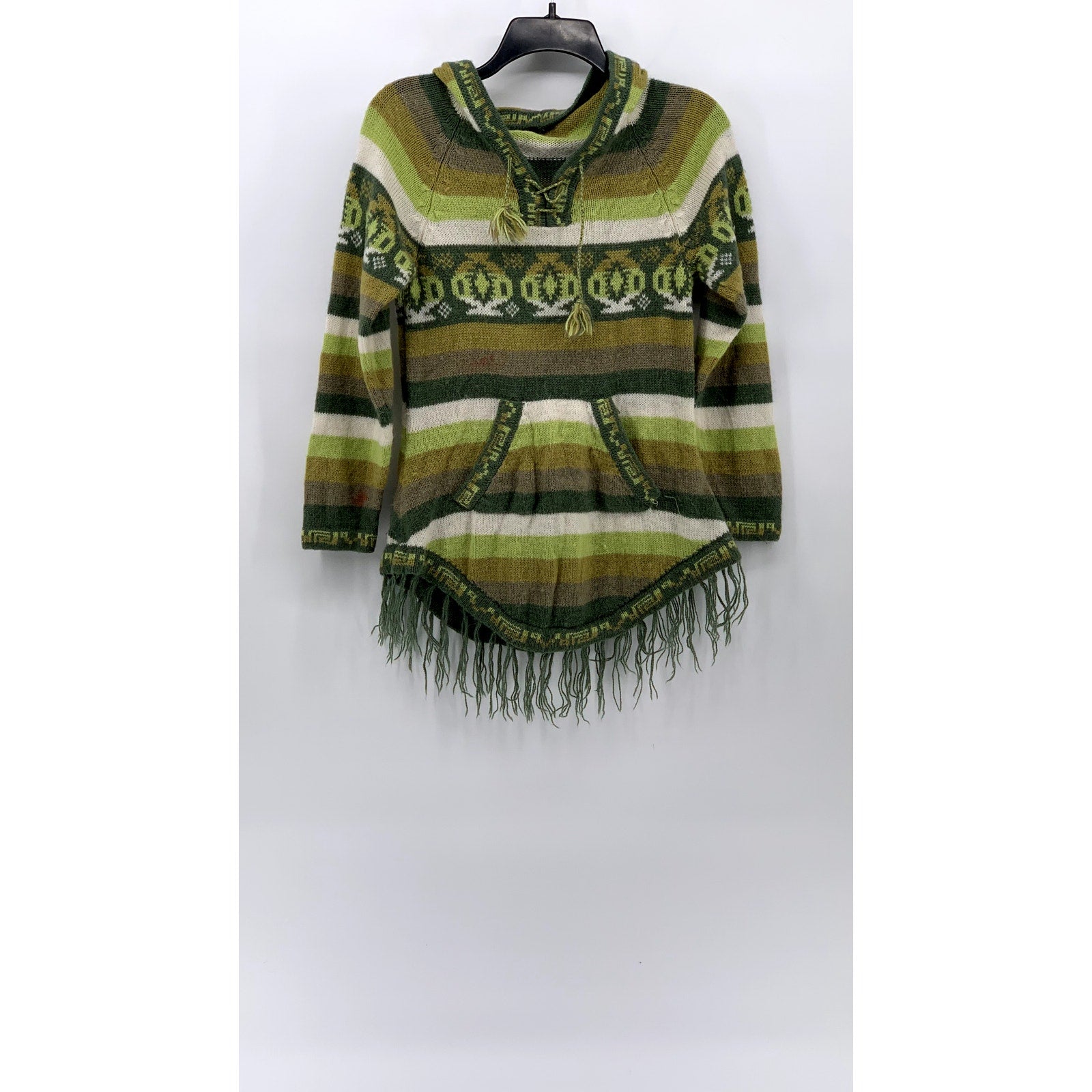 UNBRANDED Women's Green-Brown Printed Knit Hooded Fringe Hem Sweater SZ S