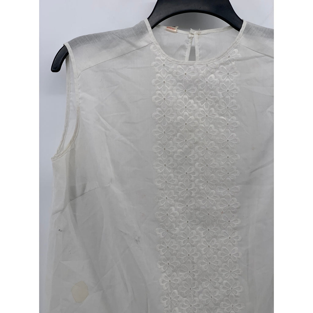 UNBRANDED Women's White Eyelet Embroidered Floral Stripe Sleeveless Top SZ M