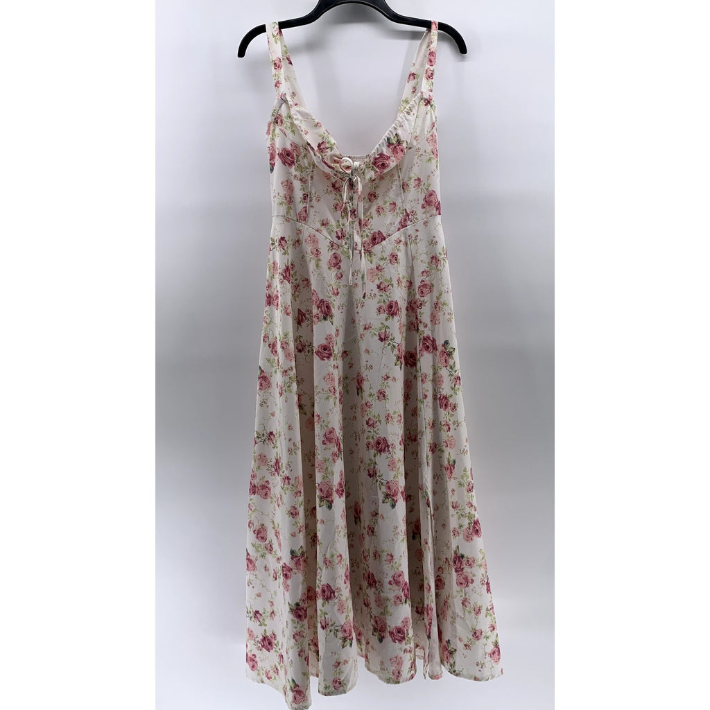 UNBRANDED Women's White-Pink Floral Sweetheart-Neck Side Slit Maxi Dress SZ M