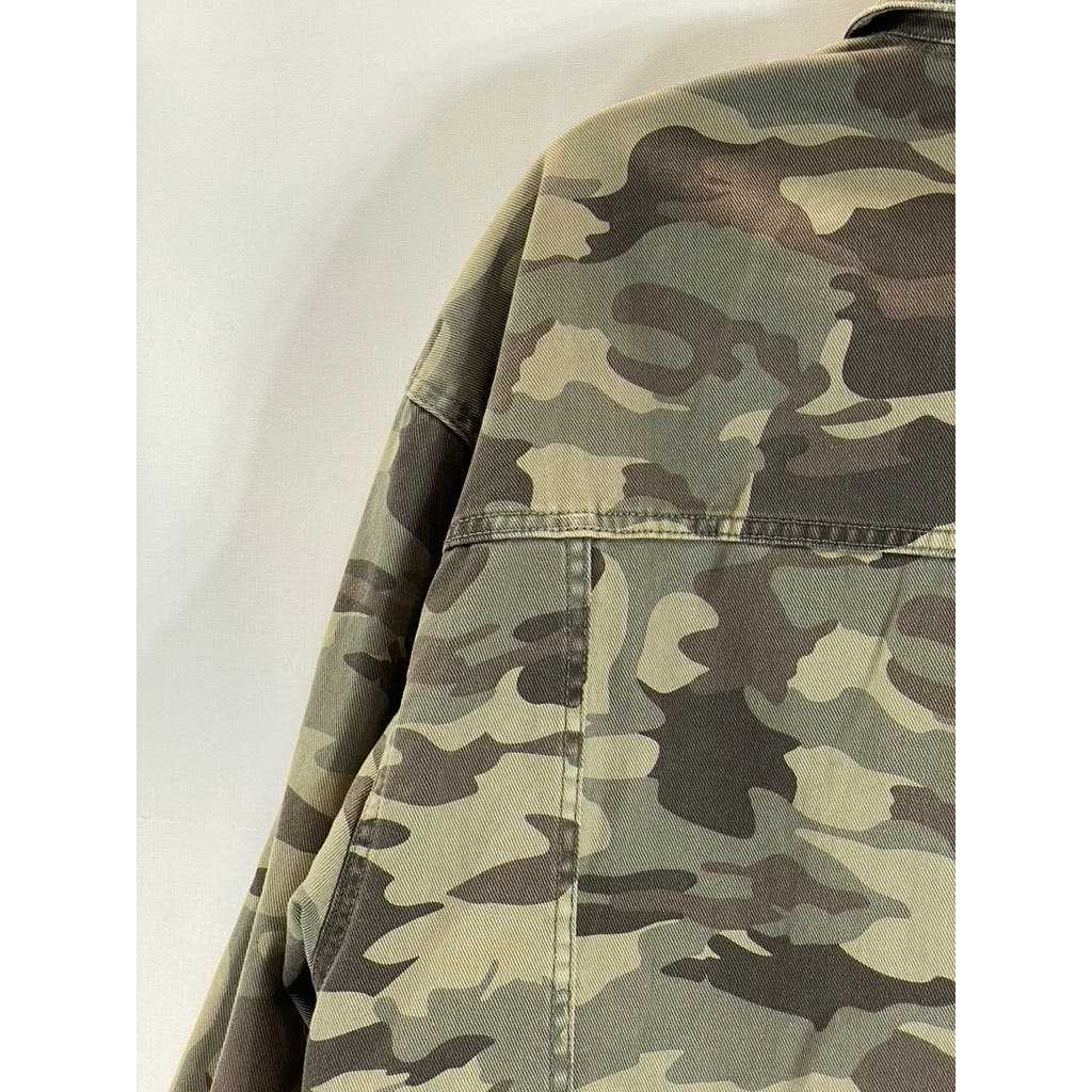 ZARA Z1975 DENIM Women's Green Camo Sequin Distressed Button-Up Jacket SZ M