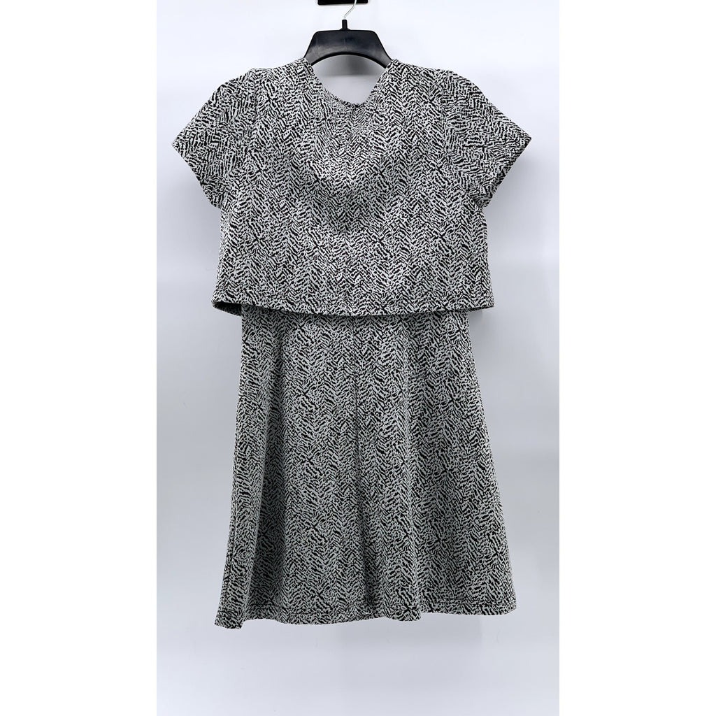 SEED Women's Black-White Printed Crewneck Short Sleeve Knee-Length Dress SZ S