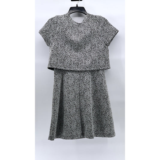 SEED Women's Black-White Printed Crewneck Short Sleeve Knee-Length Dress SZ S