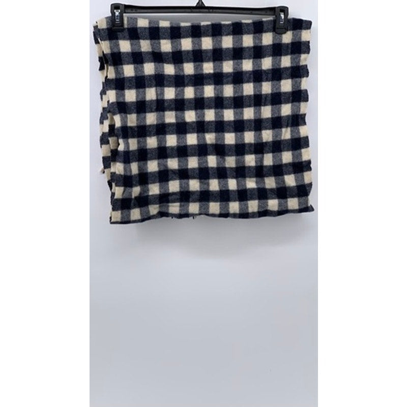 UNBRANDED Navy-Cream Checkered Soft Knit Fringe Scarf