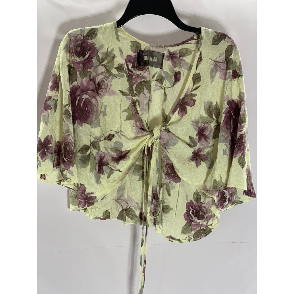 REFORMATION Women's Cream Floral Mesh Tie-Knit Short Sleeve Cover-Up SZ OS