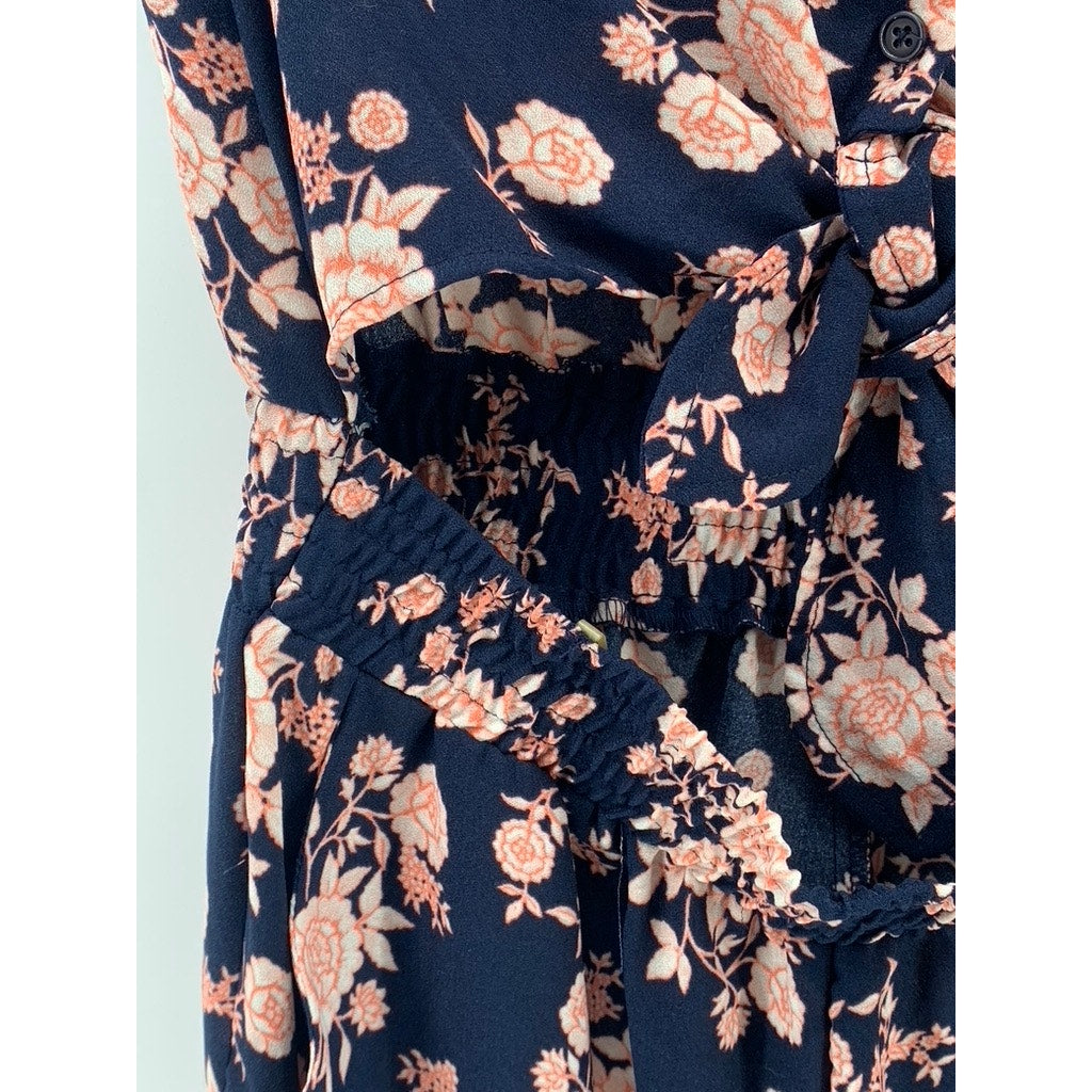BEBOP Women's Navy-Pink Floral V-Neck Short Sleeve Cutout Maxi Summer Dress SZ M