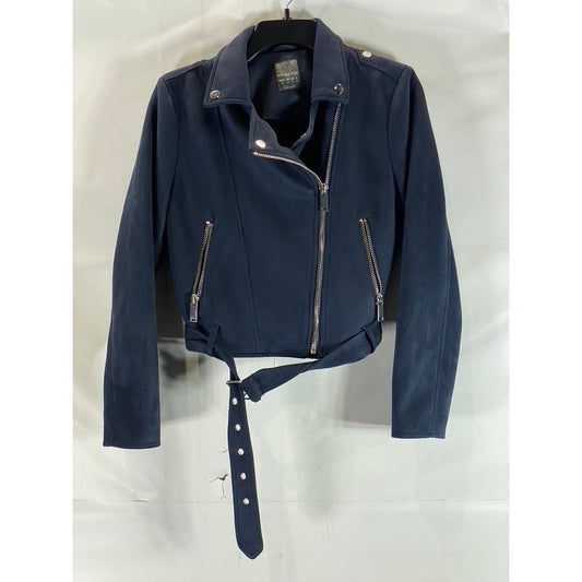 PRIMARK Women's Navy Asymmetrical Moto Faux Suede Buckle Biker Jacket SZ 8
