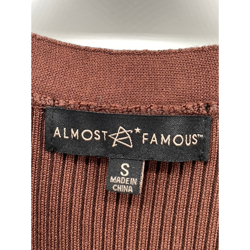 ALMOST FAMOUS Women's Brown Ribbed Henley Long Sleeve Bodycon Midi Dress SZ S