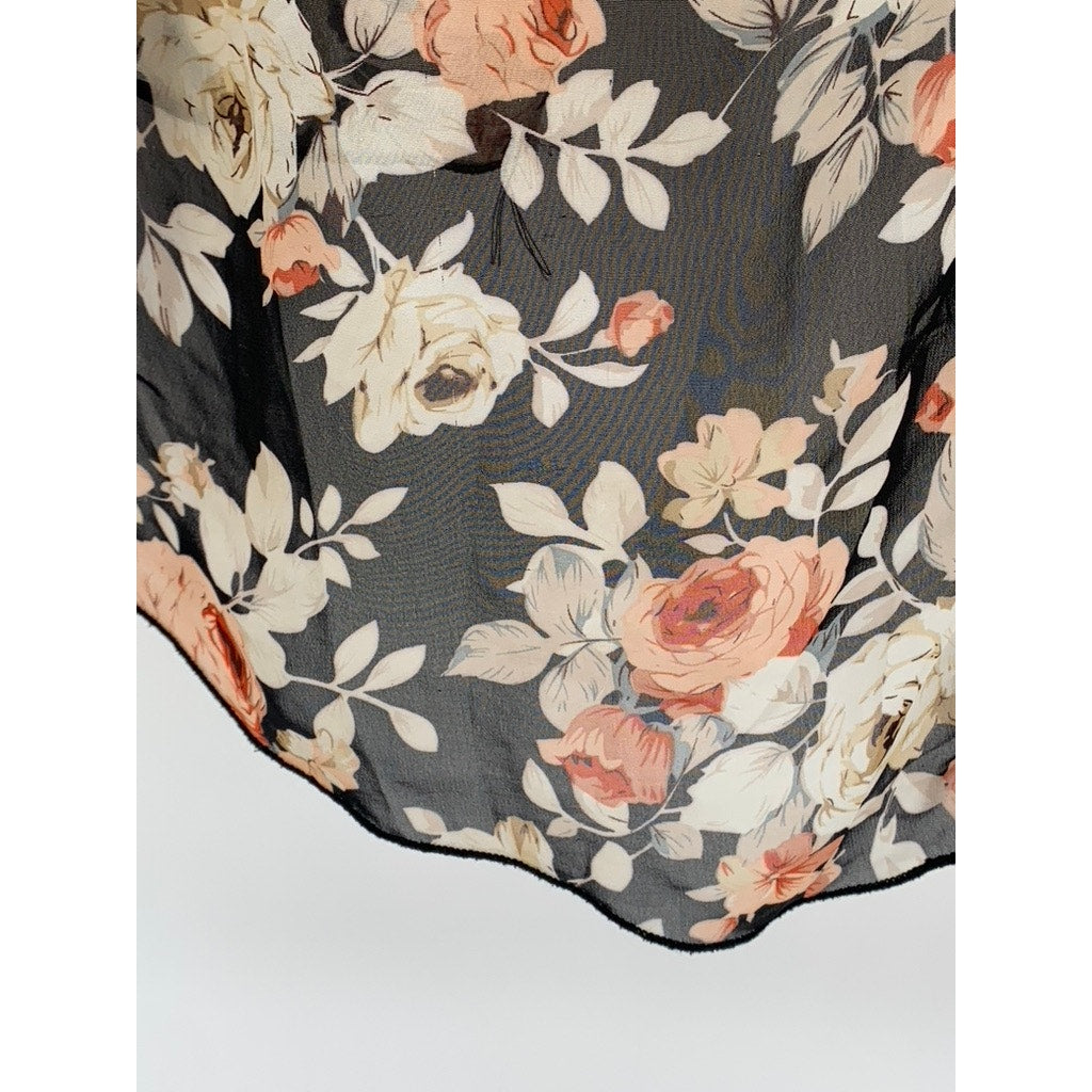 VIBE SPORTSWEAR Women's Black-Beige Floral Print Open-Front Kimono SZ S