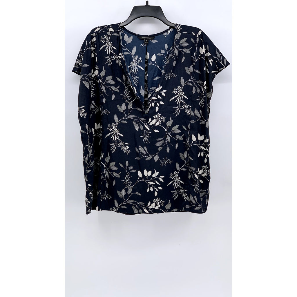 BANANA REPUBLIC Women's Navy Floral Split Neck Short Sleeve Essential Top SZ XL