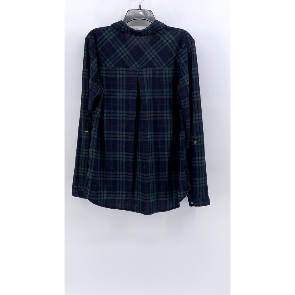EDEN & OLIVIA Women's Navy-Green Plaid Button-Up Long Sleeve Top SZ L