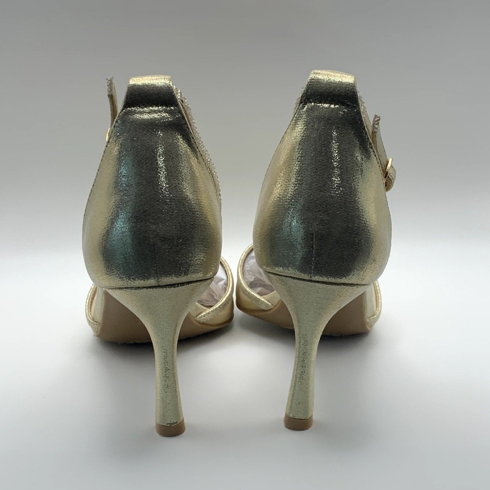 SILVER SLIPPER Women's Gold Ella Pointed-Toe Ankle-Strap Rhinestone Heels SZ8.5