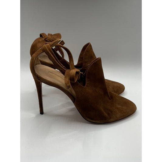 AQUAZZURA Women's Dark Brown Suede Leather Round-Tie Stiletto Heels SZ 40(US10)