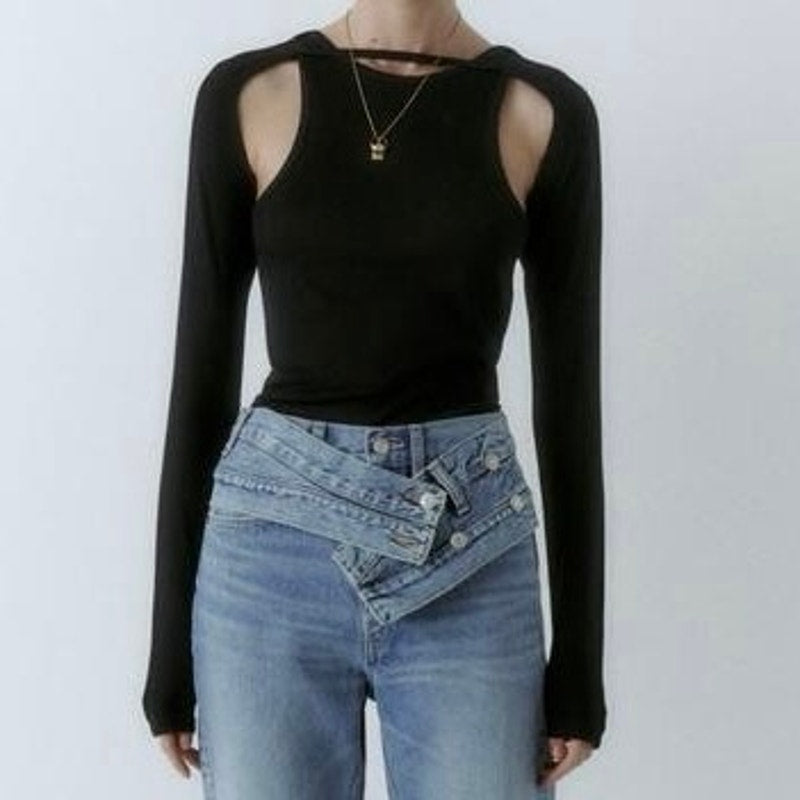 ZARA Women’s Black Solid Crewneck Cutout Long Sleeve Top SZ S