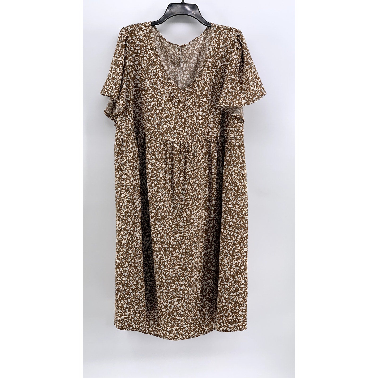 SHEIN Women's Plus Tan Floral Short Sleeve V-Neck Dress SZ 3XL