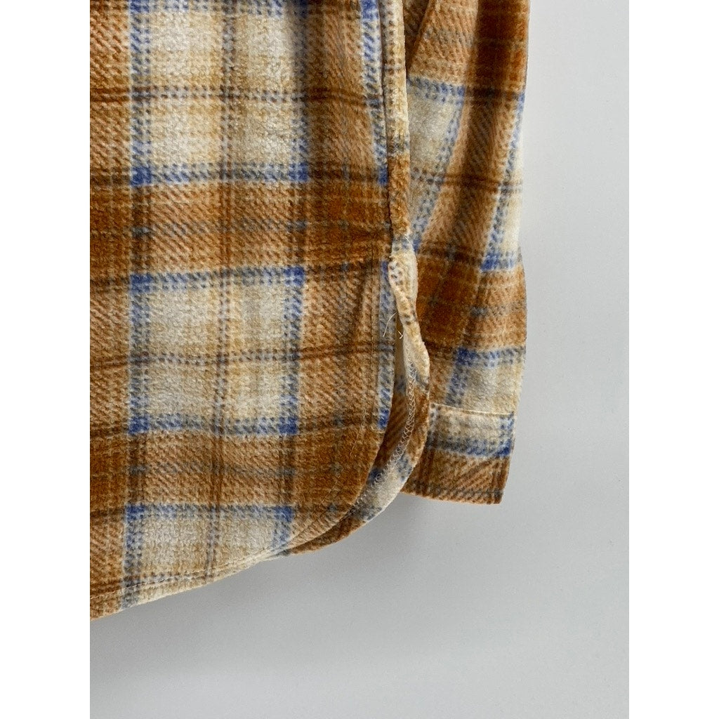 JUST POLLY NEW YORK Women's Brown-Green Plaid Colorblock Button-Up Top SZ M