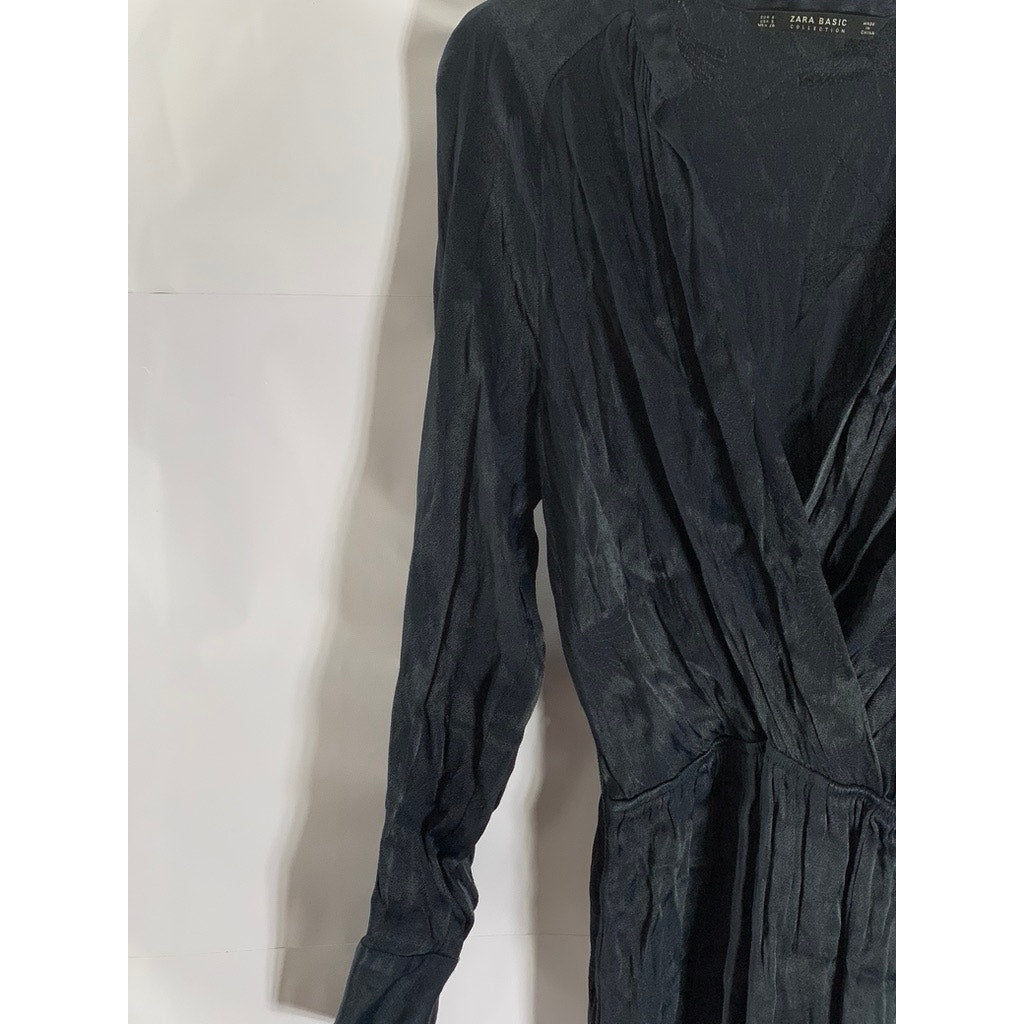 ZARA BASIC Collection Women's Black Surplice Long Sleeve Midi Dress SZ S