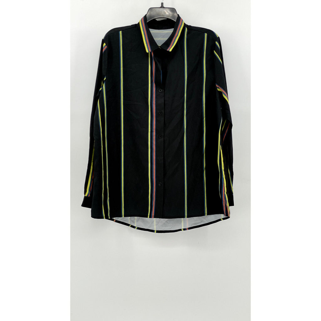 UNBRANDED Men's Black-Green Striped Button-Up Long Sleeve Shirt SZ XL