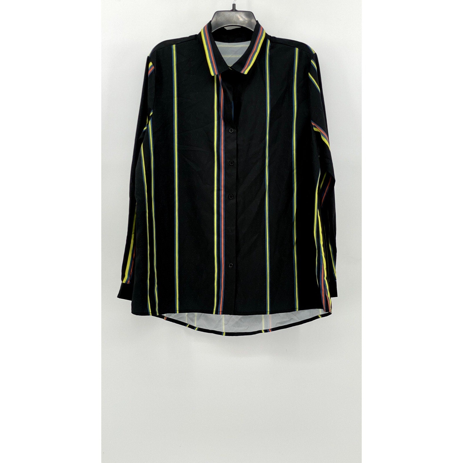 UNBRANDED Men's Black-Green Striped Button-Up Long Sleeve Shirt SZ XL