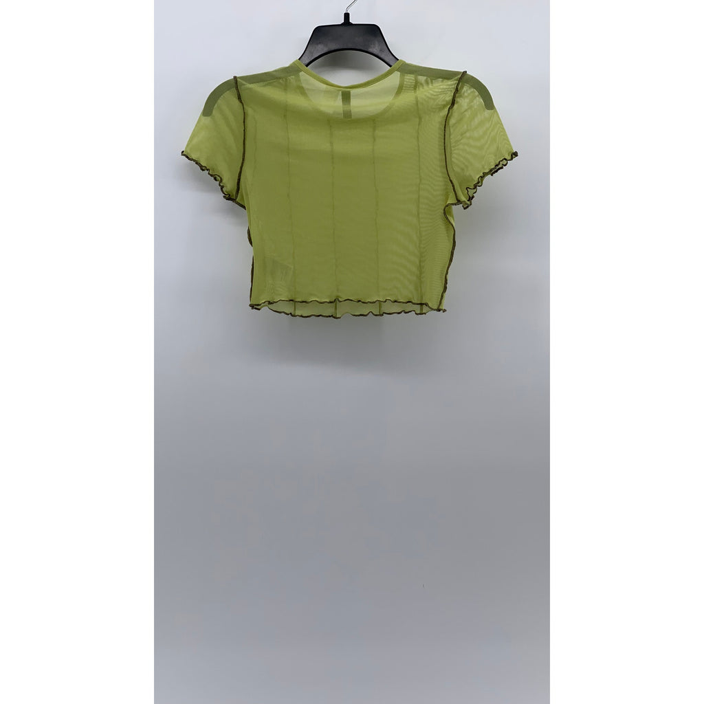 DIVIDED By H&M Women’s Green Lettuce Edge Stripe Crewneck Mesh Crop Top SZ S