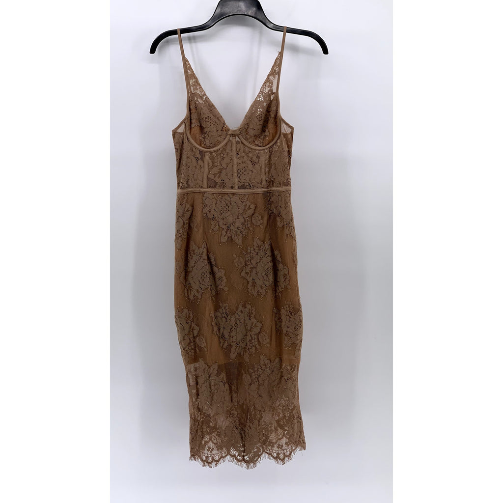 MISHA COLLECTION Women's Tan Lace V-Neck Spaghetti Strap Bodycon Midi Dress SZ 4