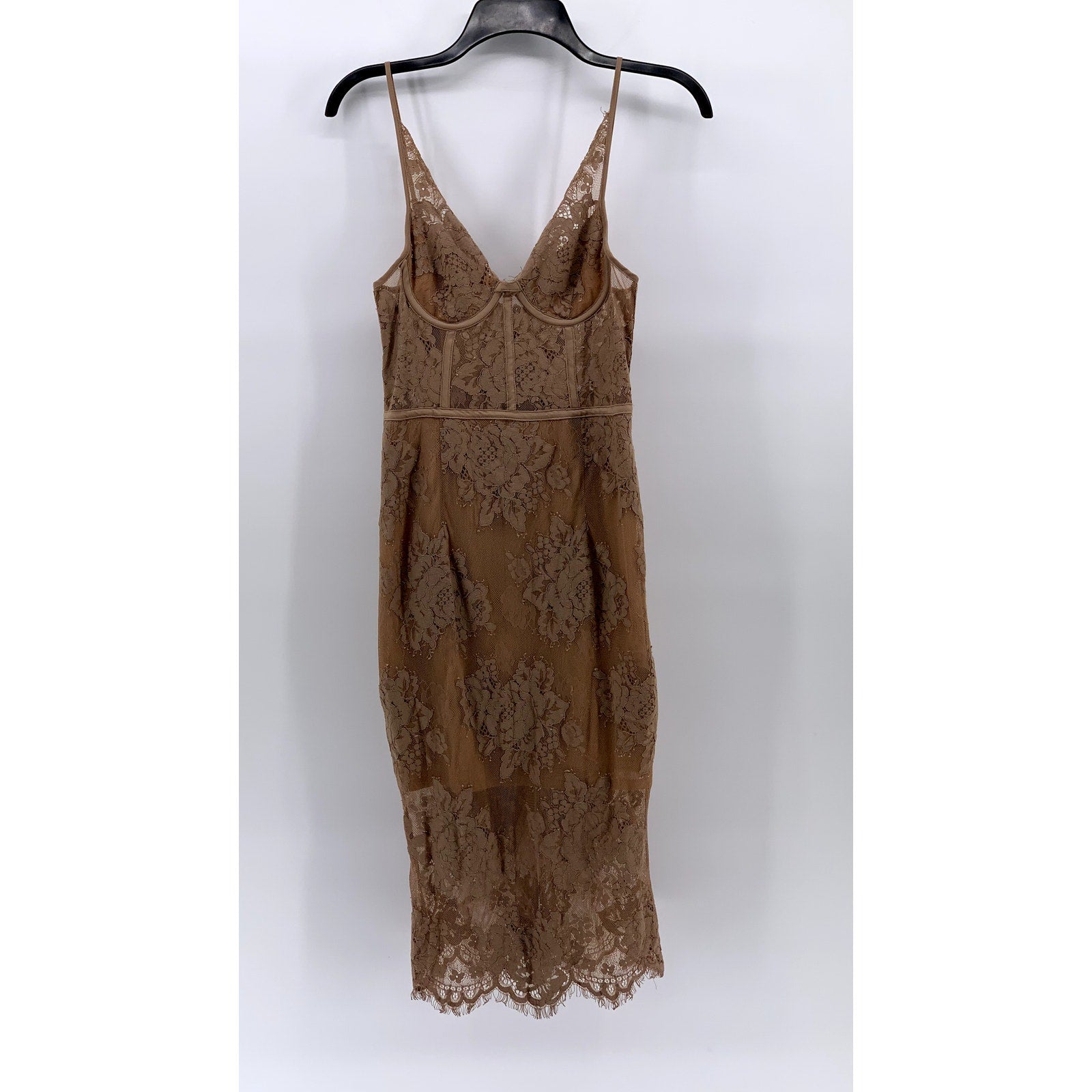 MISHA COLLECTION Women's Tan Lace V-Neck Spaghetti Strap Bodycon Midi Dress SZ 4
