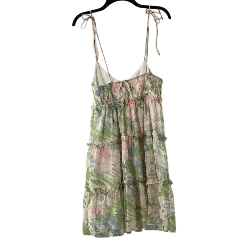 Women's Green Floral Print Tiered Tie-Strap Square-Neckline Mini Dress SZ S