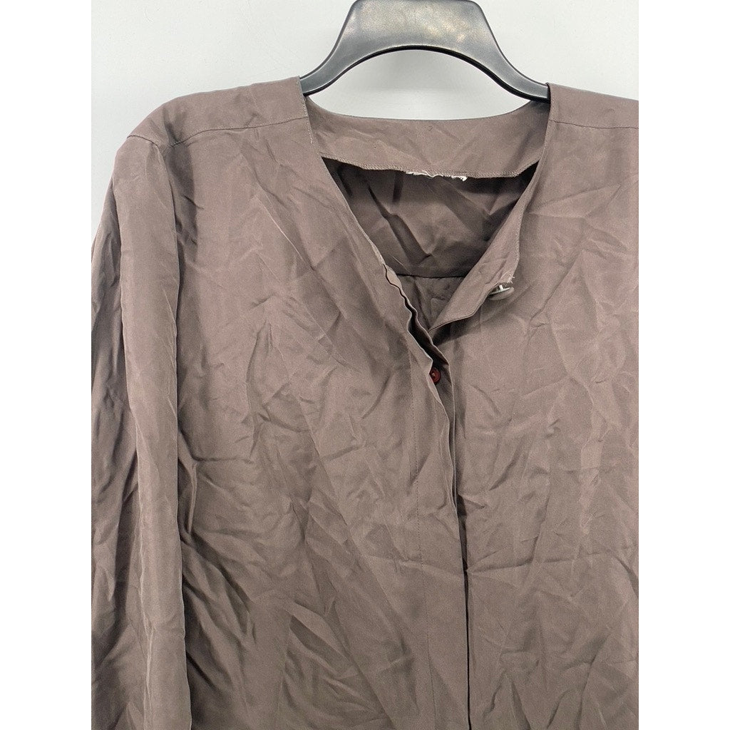 UNBRANDED Women's Brown Button-Up Collarless Long Sleeve Blouse SZ L