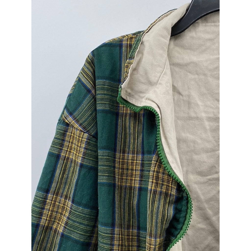 TONG HAUL Men's Vintage Beige-Green Plaid Reversible Zip-Up Jacket SZ S
