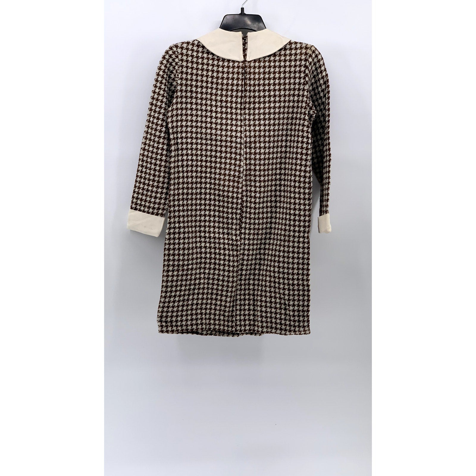 UNBRANDED Women's Brown-Cream Houndstooth Prairie Long Sleeve Sheath Dress SZ S