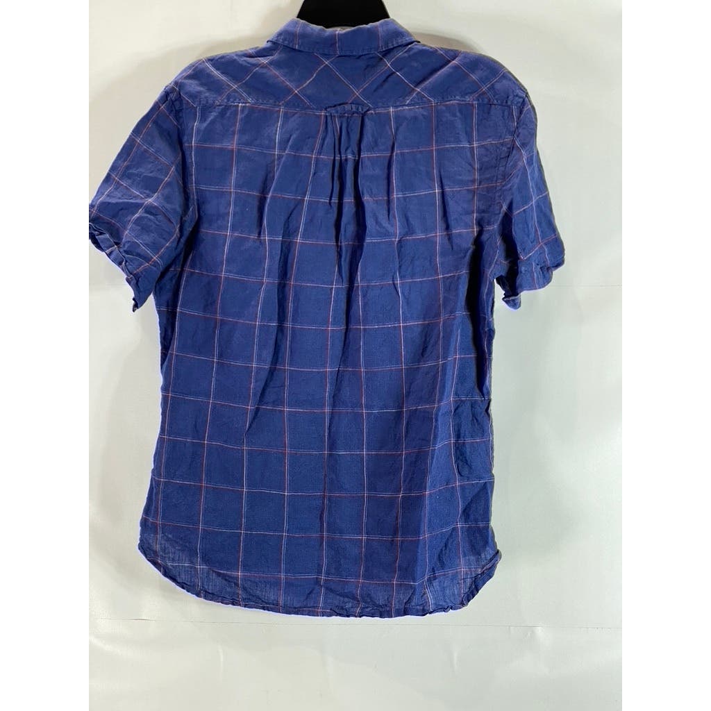 JACHS NEW YORK Men's Blue Windowpane Linen Classic-Fit Button-Up Shirt SZ S