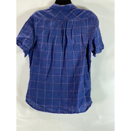 JACHS NEW YORK Men's Blue Windowpane Linen Classic-Fit Button-Up Shirt SZ S