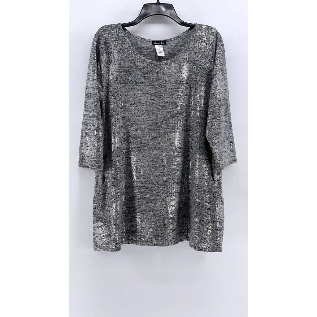 OLIVIA BLU Women's Plus Gray Metallic Scoop-Neck 3/4 Sleeve Top SZ 1X