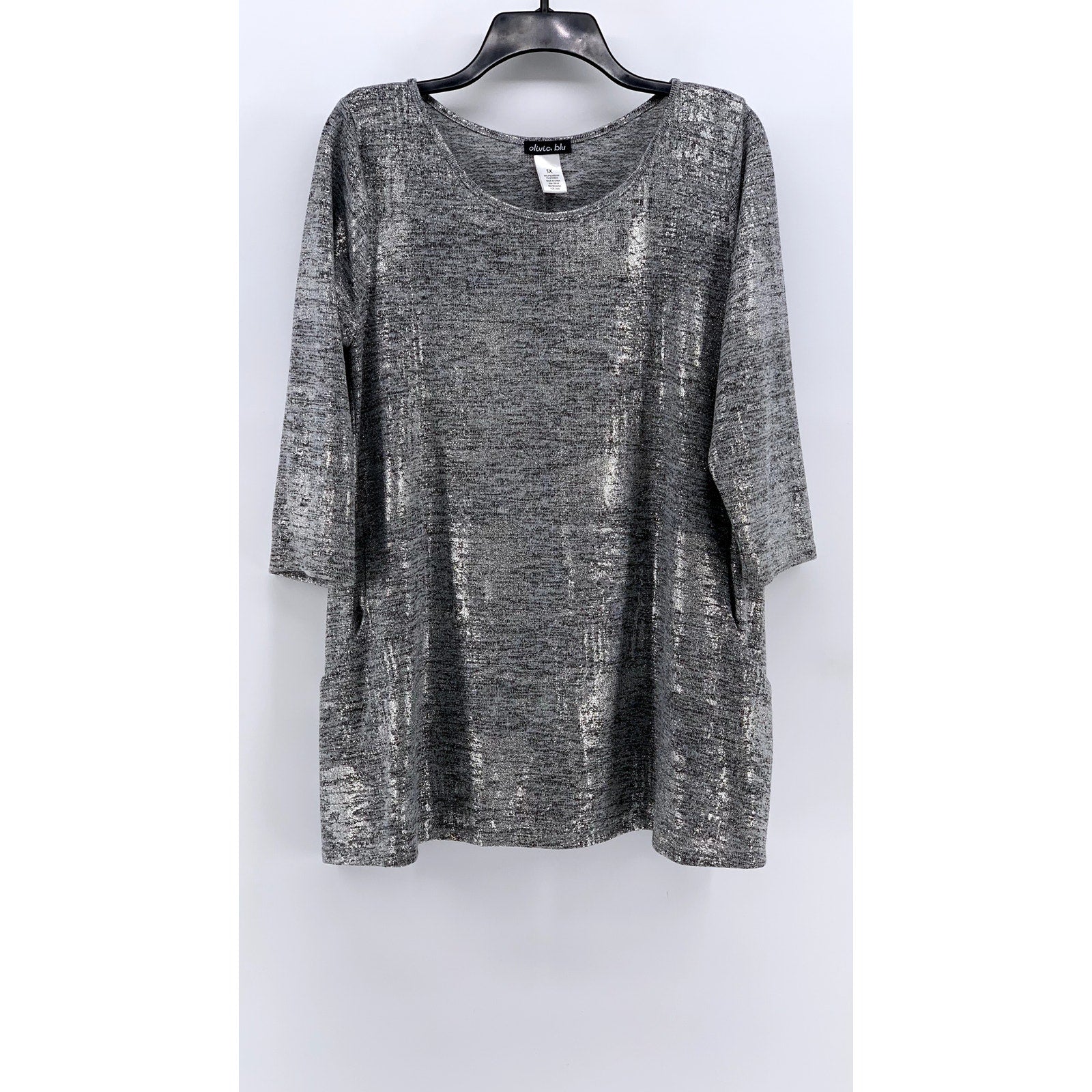 OLIVIA BLU Women's Plus Gray Metallic Scoop-Neck 3/4 Sleeve Top SZ 1X