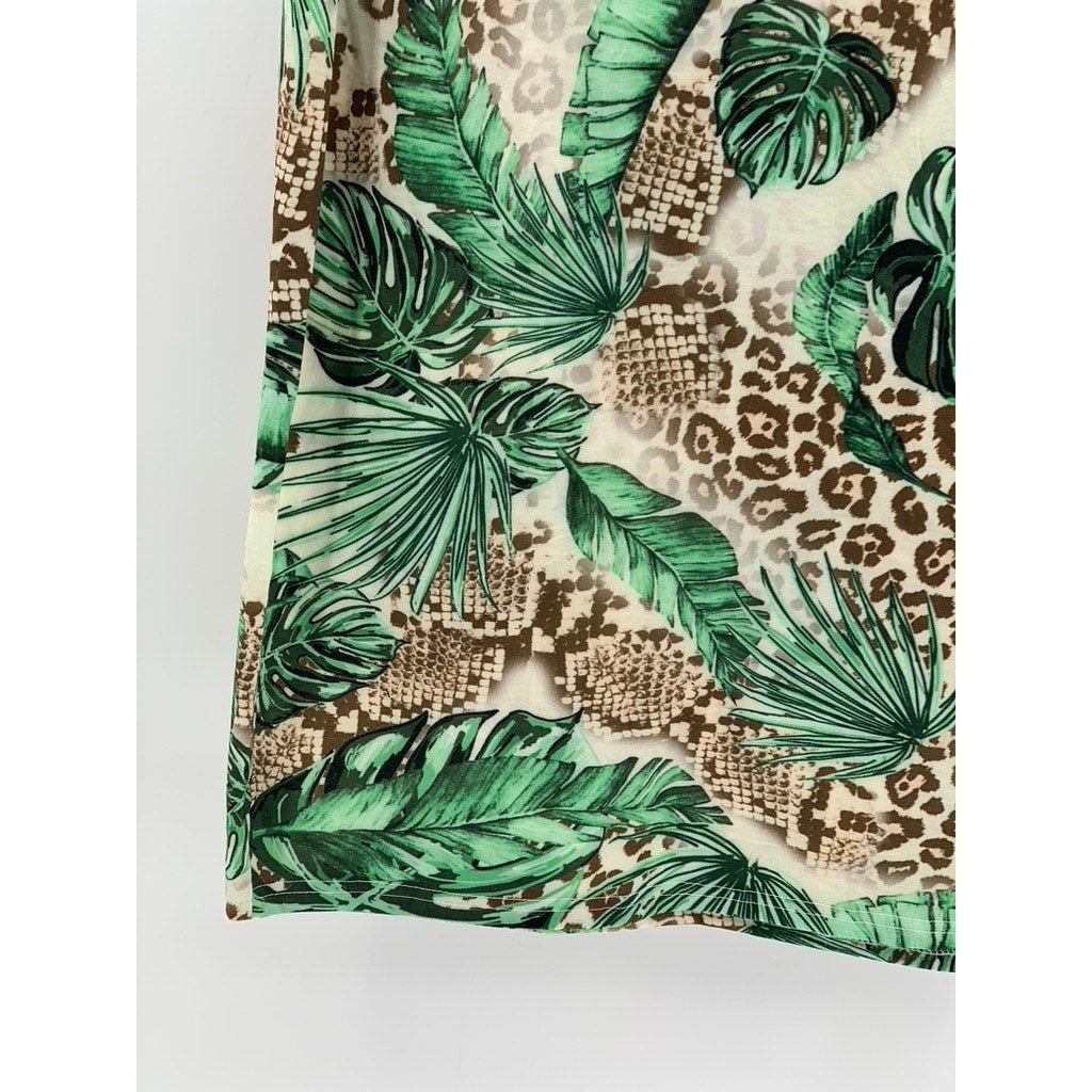 UNBRANDED Women's White-Green Tropical Print 2-Pc Skirt Tank Set SZ L/XL