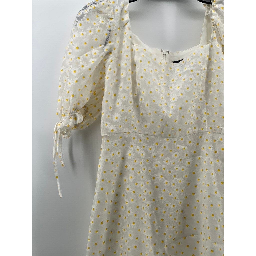 FOREVER 21 Women's White-Yellow Daisy Print Short Puff Sleeve Mini Dress SZ S