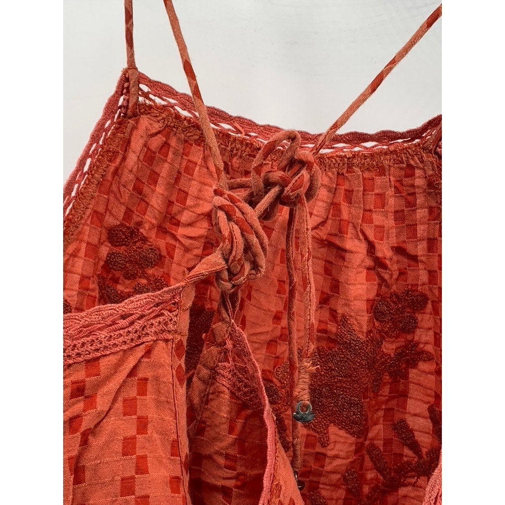 ATTIC SALT Women's Orange Square Print Embroidered Lace-Trim Sleeveless Top SZ S