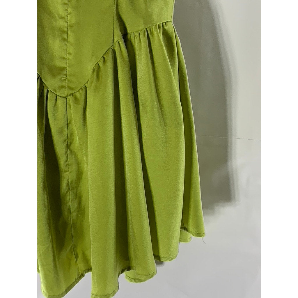 UNBRANDED Women's Lime Green Straight-Neck Spaghetti Strap Ruffle Mini Dress SZS