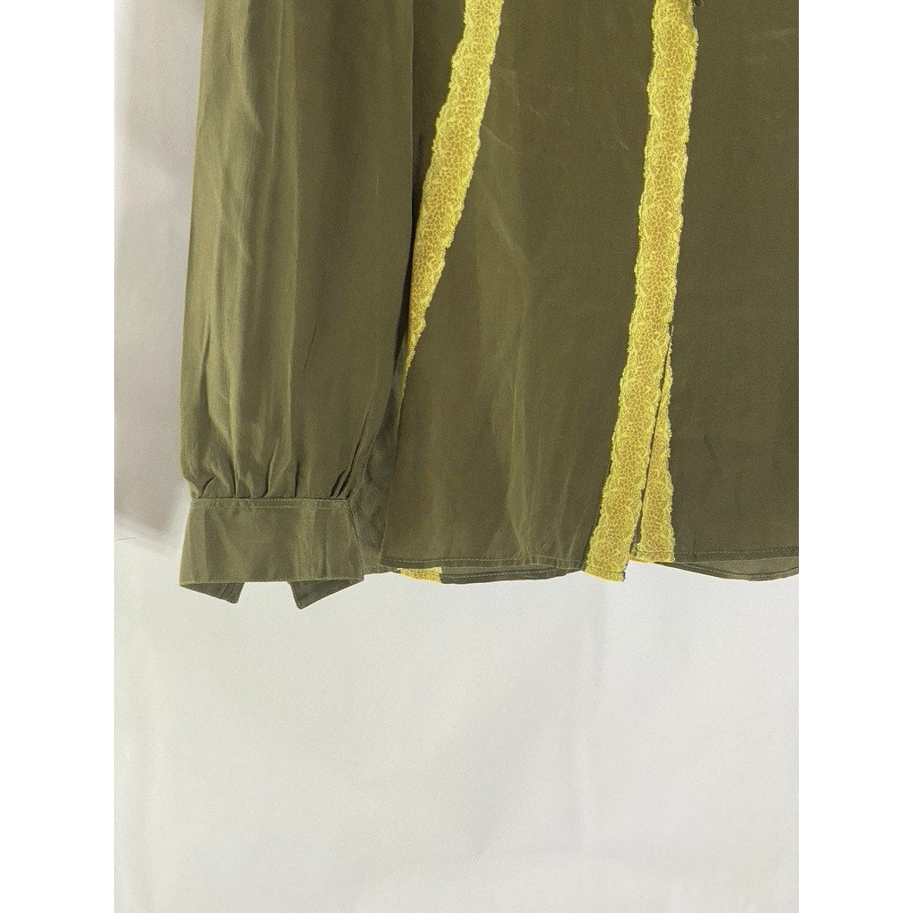 SERGE NANCEL Women’s Vintage Green-Yellow Tie-Neck Button-Up Too SZ 36(US6)