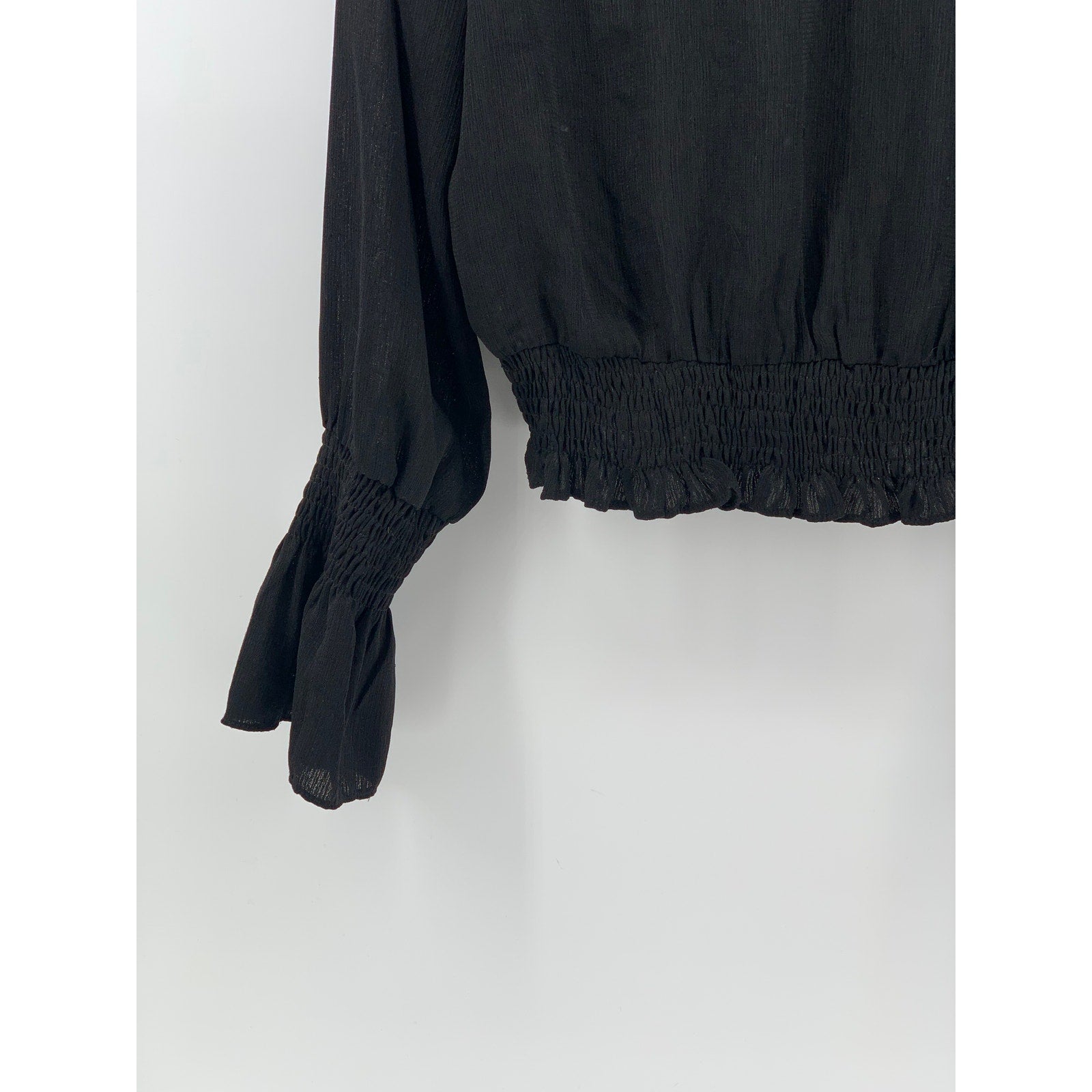 UNBRANDED Women's Black Sheer Mock-Neck Long Bell Sleeve Top SZ S