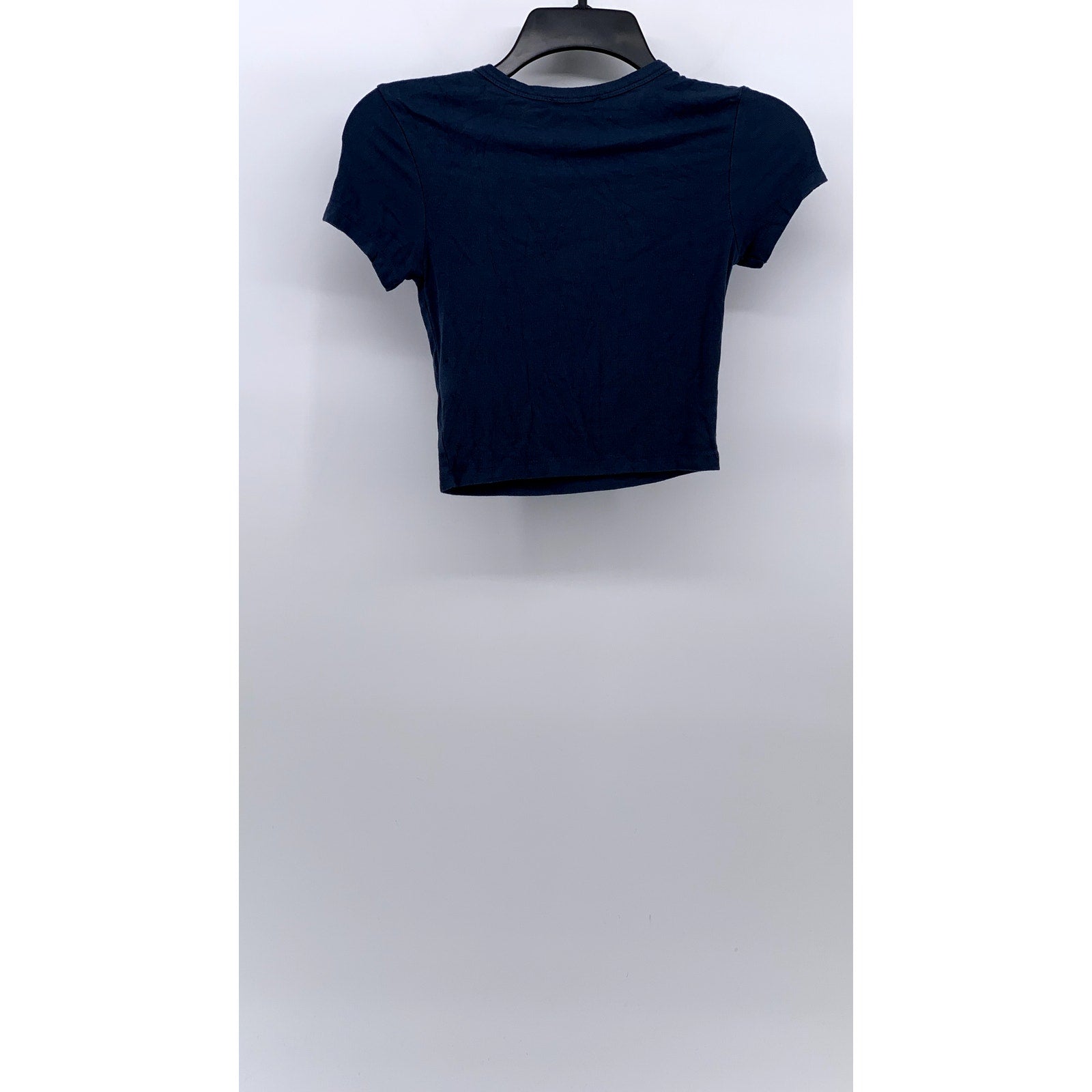 ZARA Women's Dark Blue Rib Knit Crewneck Short Sleeve Cropped T-Shirt SZ S