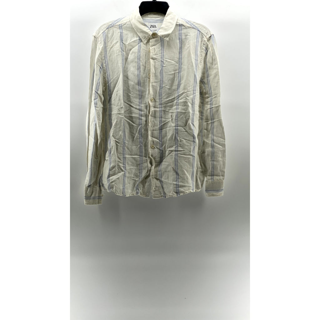 ZARA Men's White-Blue Striped Linen-Blend Button-Up Long Sleeve Top SZ M