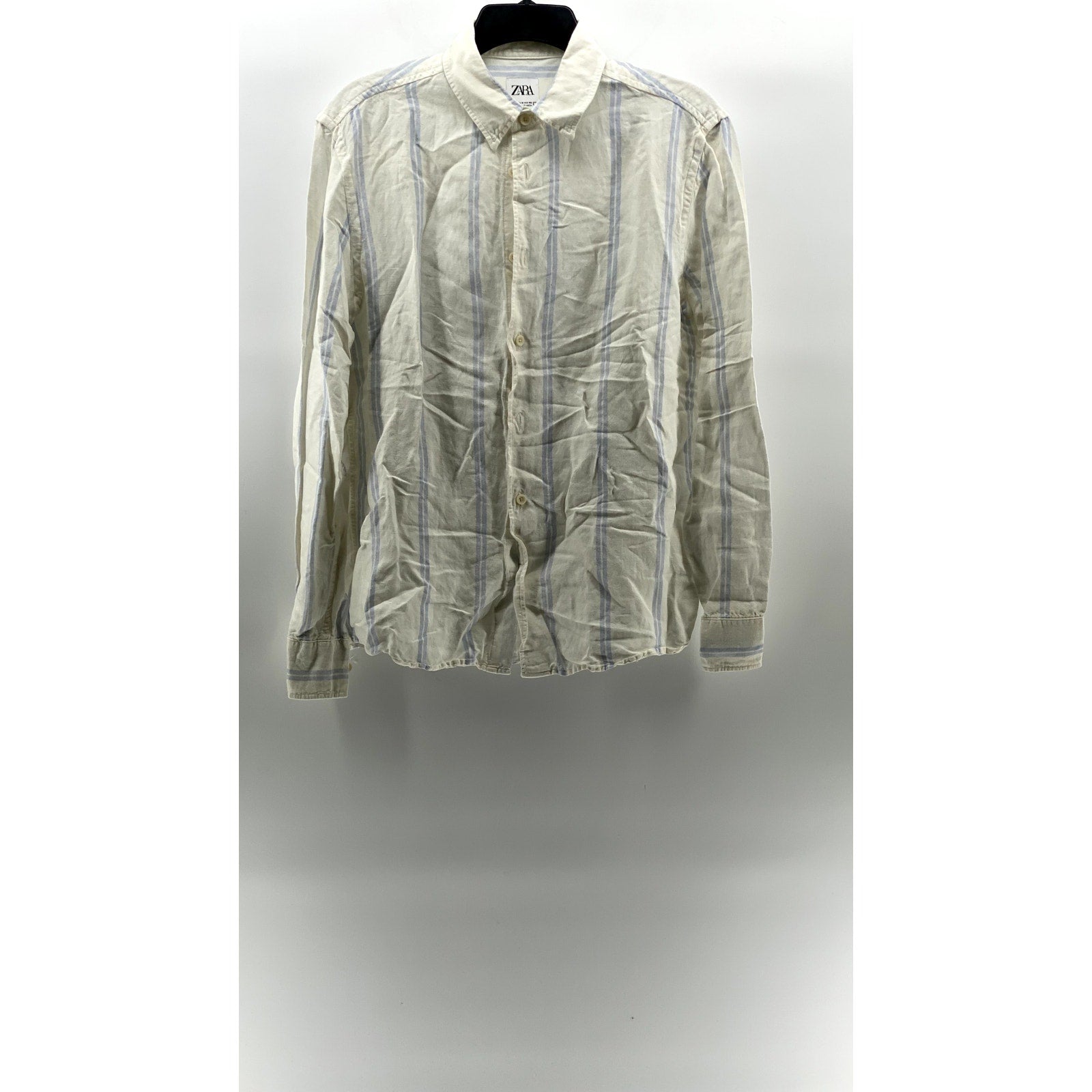 ZARA Men's White-Blue Striped Linen-Blend Button-Up Long Sleeve Top SZ M