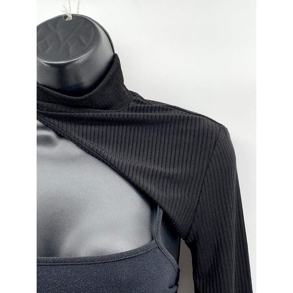 SHEIN Women's Black Ribbed Mock-Neck Long Sleeve Coverup SZ 6