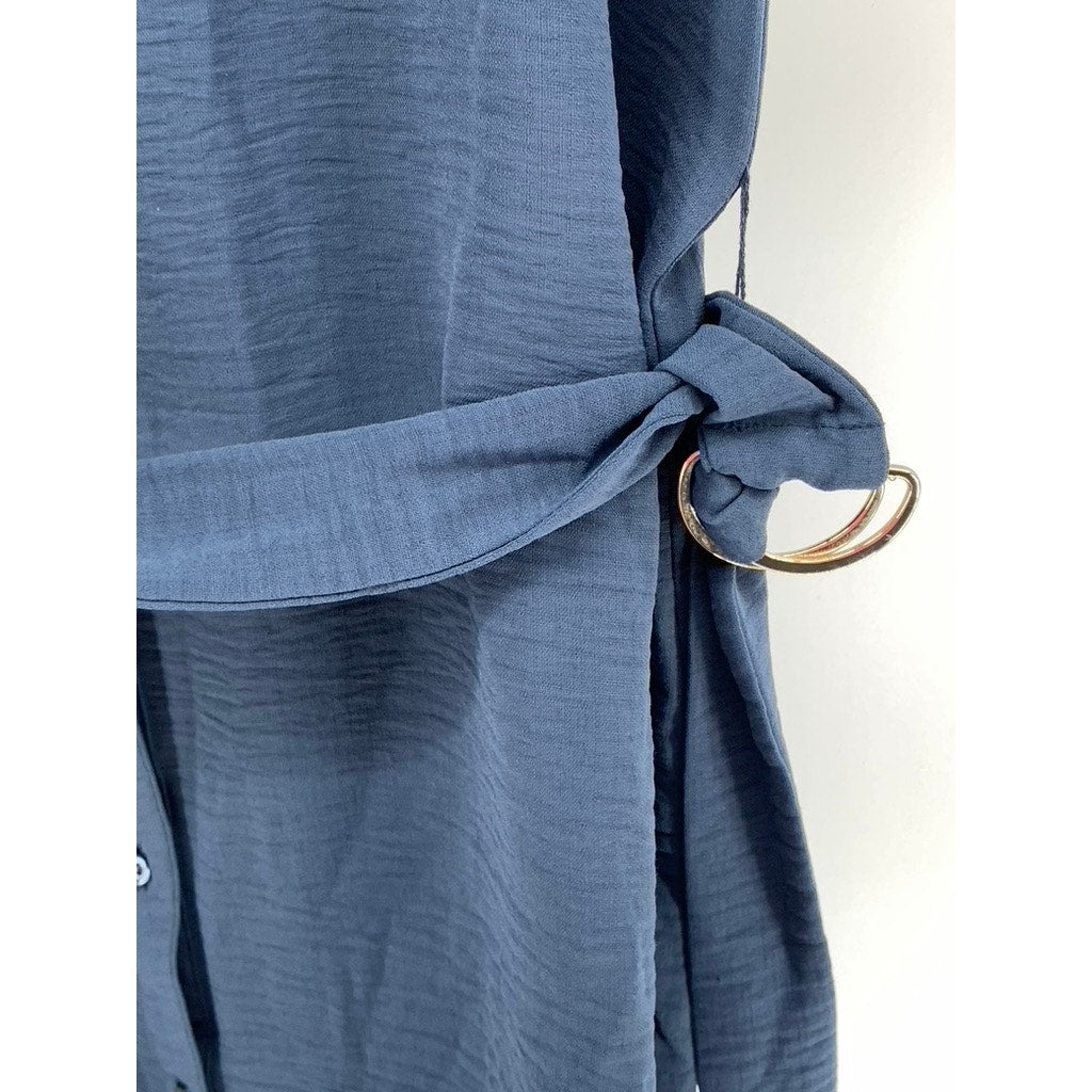 WORTHINGTON Women's Blue Button-Up Short Sleeve Belted Dress SZ L