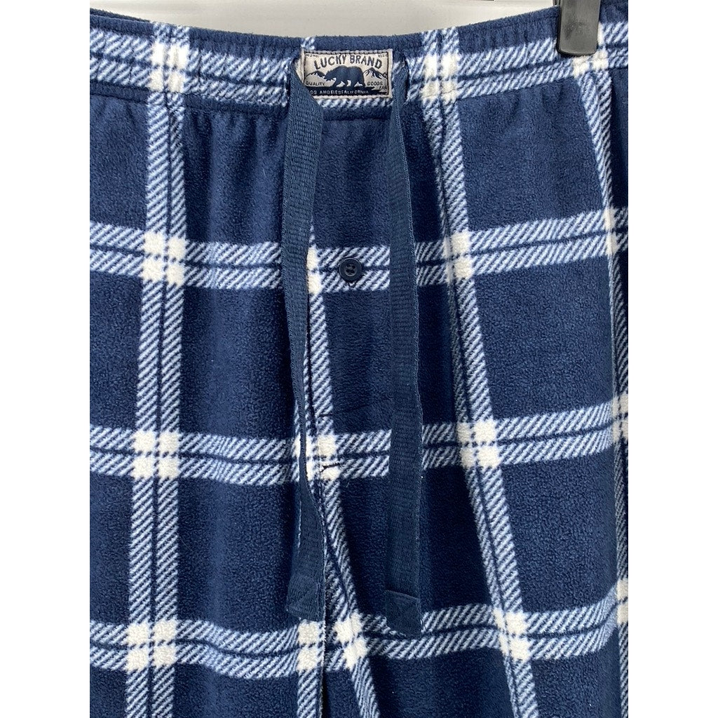 LUCKY BRAND Men's Dark Blue Checkered Fleece Relaxed-Fit Pajama Pants SZ M