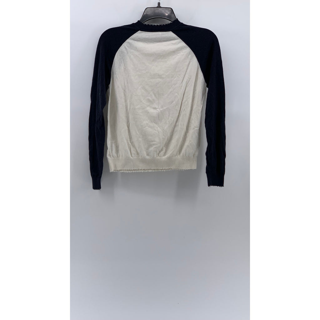 MINNIEROSE Women's White-Navy Color-Block Distressed Knit Pullover Sweater SZ S
