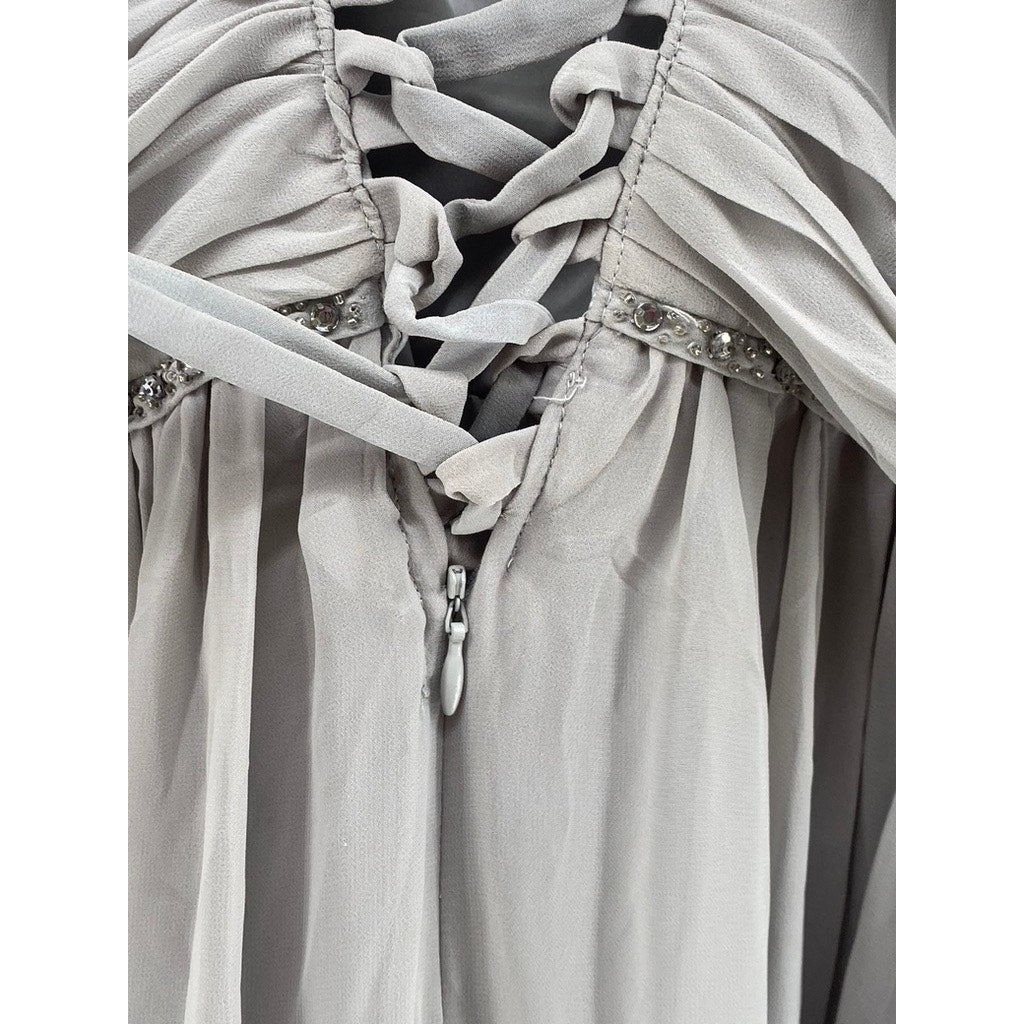 PEARL GEORGINA CHAPMAN Women's Gray Rhinestone Embellished Maxi Gown SZ 14
